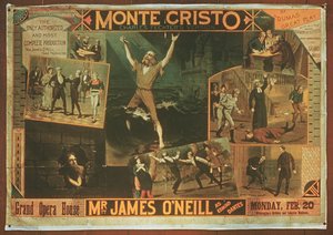 Poster die Mr James ONeill als Edmond Dantes adverteert, in de Charles Fichter versie van De Graaf van Monte Cristo