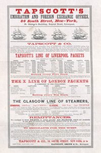 Poster die Tapscotts Emigration and Foreign Exchange Offices adverteert, New York, januari 1859
