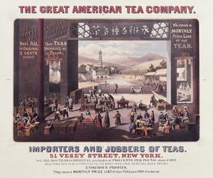 Poster die The Great American Tea Company adverteert, importeurs en groothandelaren van thee