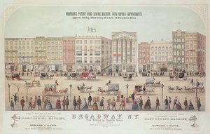 Poster van een uitzicht op Broadway, van Anthony tot Franklin Street, die Robinsons Patent Hand Sewing Machine adverteert, 1855