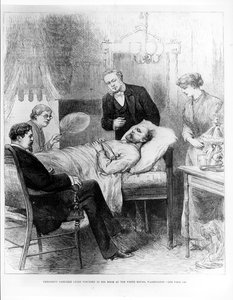 President Garfield ligt gewond in zijn kamer in het Witte Huis, Washington