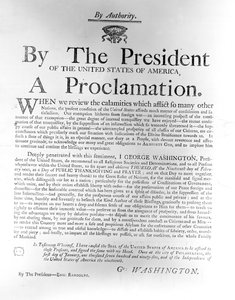 Proclamatie van president George Washington (1732-99) waarin donderdag 19 februari wordt uitgeroepen tot een dag van openbare dankzegging en gebed, 1795 door American School