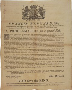 Proclamatie namens Francis Bernard, gouverneur van Massachusetts Bay: aankondiging van een vastendag tijdens de Franse en Indiaanse Oorlog, 8 april 1761 door American School