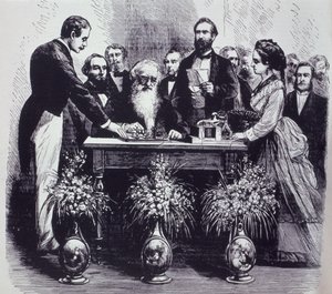 Professor Samuel Finley Breese Morse (1791-1872) legt de werking van zijn uitvinding uit
