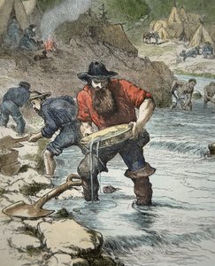 Goudzoekers die goud pannen tijdens de Californische Gold Rush van 1849 door American School