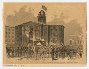 Ontvangst bij gerechtsgebouw tijdens de begrafenis van Abraham Lincoln, Chicago, Illinois door American School