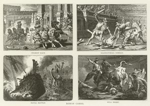 Romeinse Spelen, Wagenrennen, Gladiatorengevecht, Zeeslag, Stierengevecht