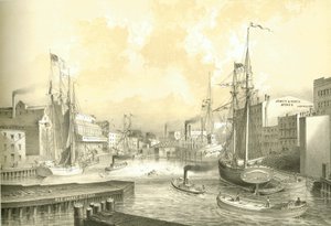 Rush Street Bridge, uitzicht vanaf State Street, uit Chicago Illustrated, met literaire beschrijvingen door James W. Sheahan, uitgegeven door Jevne & Almini, Chicago, 1866-67