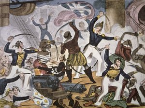 Matrozen van de Royal Navy aan boord van een Algerijns piratenschip, ca. 1820 door American School