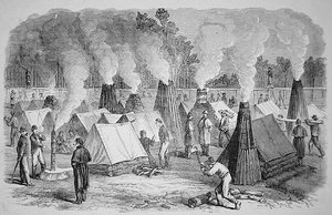 Scène in het kamp - schoorsteenarchitectuur - de Federale soldaten bij hun kampvuren (gravure)
