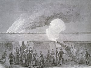 Belegering van Charleston, de stad brandt onder bombardement, 3 januari 1864, uit Harper