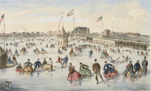 Schaatsen op Union Pond, uitgegeven 1863 (kleur litho) door American School