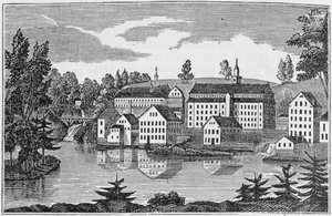 Zuid-Oostaanzicht van de fabrieken bij Yantic Falls, Norwich, uit 
