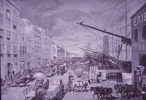 South Street Seaport in de jaren 1870, New York City (gravure)
