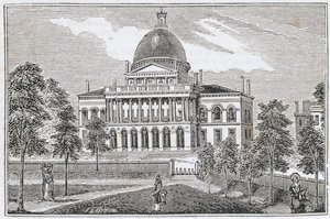 Zuidelijk uitzicht op het State House in Boston aan Beacon Street, uit 