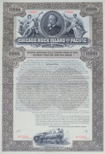 Voorbeeld obligatiecertificaat voor 1000 dollar voor de Chicago, Rock Island and Pacific Railway Company, 1898 door American School