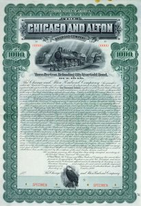 Voorbeeld obligatiecertificaat voor 1000 dollar voor de Chicago and Alton Railroad Company, 1899 door American School
