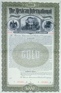 Voorbeeld obligatiecertificaat voor 1000 dollar voor de Mexican International Railroad Company, 1897 door American School