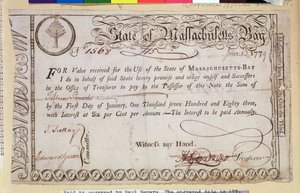 Promesse van de staat Massachusetts Bay, zogenaamd gegraveerd door Paul Revere, 1779