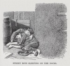 Straatjongens slapen op de dokken (litho) door American School