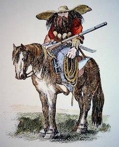 Texas Ranger cartoon, die het stedelijke oostelijke beeld van de wilde en harige Ranger toont