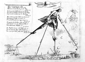 De kolos, karikatuur van de intrekking van de Zegelwet, ca. 1765 door American School