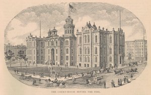 Het Gerechtsgebouw voor de Brand, gedrukt door Moss Engraving Co., New York, illustratie uit History of Chicago vol. 2 door Alfred Theodore Andreas, gepubliceerd 1885