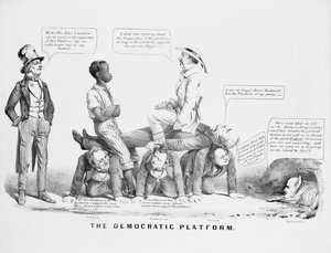 "Het Democratische Platform" politieke cartoon over de standpunten van de Democratische partij over slavernij, ca. 1856