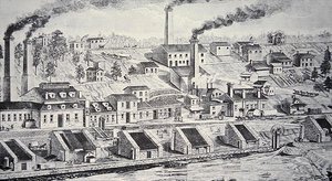 De Du Pont Kruitfabriek, aan de Brandywine-rivier (lijngravure)