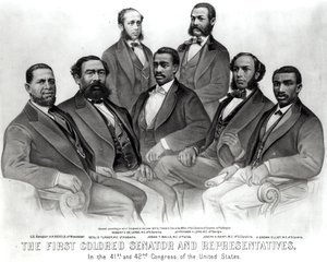 De eerste gekleurde senator en vertegenwoordigers, in het 41e en 42e congres van de Verenigde Staten, uitgegeven door Currier en Ives, 1872 door American School