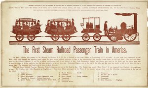 De eerste stoomtrein voor passagiers in Amerika, gepubliceerd ca. 1870 (kleur houtsnede)