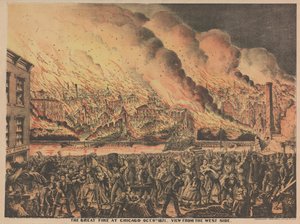 De grote brand in Chicago, 9 oktober, uitzicht vanaf de westkant, 1871 door American School