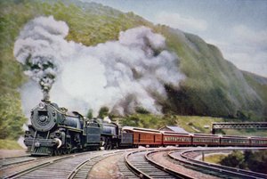 De New York naar Chicago Express bij de Horse-Shoe Curve, Alleghany, ca. 1930 (kleur litho) door American School
