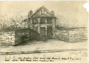 De oude schuldenaarsgevangenis, kant van Prune St. onder 6th, illustratie uit het Castner Scrapbook, 1858 door American School