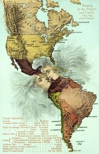 Het Panamakanaal, de Stille en Atlantische Oceaan kussen elkaar (kleur litho) door American School