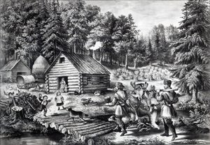 Het huis van de pionier aan de westelijke grens, uitgegeven door Currier en Ives door American School