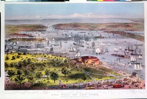 De haven van New York, vogelperspectief vanaf de Battery naar het zuiden, gegraveerd door Parsons & Atwater, gepubliceerd door Currier & Ives, 1872