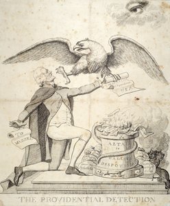 De providentiële ontdekking, cartoon die Thomas Jefferson (1743-1826) toont die probeert de grondwet te vernietigen door American School