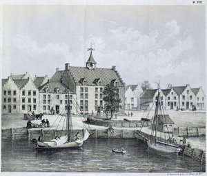 Het Stadthuys van New York in 1679, hoek van Pearl Street en Coentijs Slip, uit Journal of a Voyage to New York in 1679-80 door Jasper Danckaerts (b.1639) en Peter Sluyter (1645-1722), gepubliceerd 1867 door American School