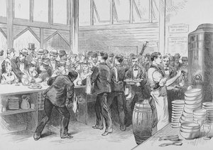 De drukke lunchcounter van een Amerikaans treinstation