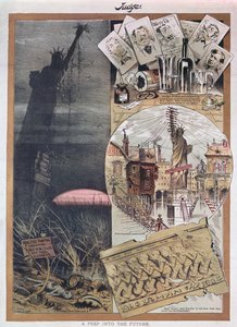 De toekomst van het Vrijheidsbeeld, karikatuur uit Judge magazine rond de tijd van de bouw in 1886 door American School