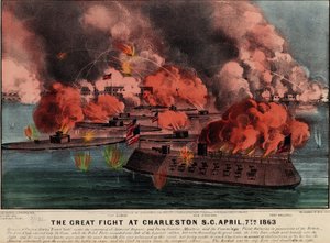 Het grote gevecht bij Charleston S.C., 7 april 1863, uitgegeven door Currier & Ives, 1863