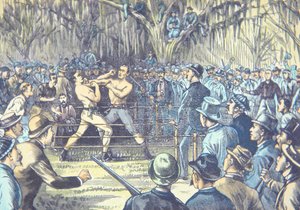 Het laatste kampioenschap boksen met blote vuisten in 1889, John L. Sullivan tegen Jake Kilrain in Richburg, Mississippi