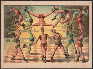 Dertien mannen doen aan acrobatiek, c.1891 (kleurenlitho)