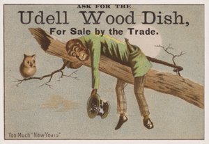Te veel Nieuwjaar, handelskaart die Udell houten schalen adverteert
