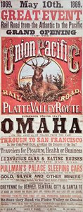 Union Pacific Railroad poster die de eerste transcontinentale spoorlijn door de VS adverteert
