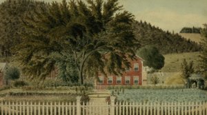 Uitzicht op een rood huis met een hek, 1854