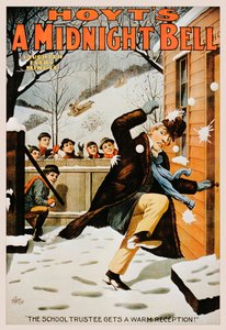 Vintage poster van jongens die een man met sneeuwballen bekogelen, 1890-99 door American School