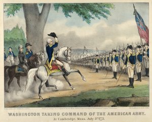 Washington neemt het bevel over het Amerikaanse leger, in Cambridge, Massachusetts, 3 juli