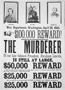 Poster van het Washington War Department met een beloning van $100,000 voor het vinden van de moordenaar van Abraham Lincoln (1809-65), 20 april 1865 door American School